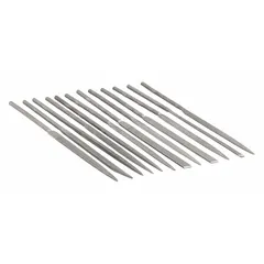This set includes nine file shapes: barrette, crossing, half round, knife, rectangular, round, slitting, square, and triangular. Each file is 5-1/2 inches long. Suitable for general deburring, finishing, and shaping of metal, plastic, and wood in tight spaces.