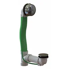 This plastic bathtub drain and overflow kit features a chrome finish and pop-up operation. It has a 2 7/8-inch overall diameter and 28-inch overall height, with socket weld connections. Includes a test plug for pressure testing during installation.