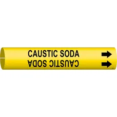 Snap-on pipe marker for identifying pipes carrying caustic soda. Yellow background with black legend and directional arrows. Fits pipe outer diameter from 3/4 to 1-3/8 inches. Single marker per unit.
