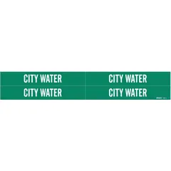 Green adhesive pipe marker with white legend text reading 'City Water'. Designed for pipes with outer diameter 3/4 to 2-3/8 inches. Set includes 4 markers without arrows. Used to identify municipal water supply lines in industrial facilities.