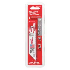 This 5-pack of reciprocating saw blades is designed for cutting nail-embedded wood. Each blade is 4 inches long and 0.04 inches thick, with 14 teeth per inch. Suitable for straight cuts and flexible for curved cuts in demolition or renovation work where nails are present in lumber.