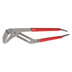 Groove joint pliers with flat, serrated jaws. Overall length 20 in, maximum jaw opening 5 1/2 in. Used for gripping and turning large pipes, fittings, and fasteners in plumbing and mechanical work.