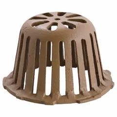 Nickel bronze dome strainer for roof drains with flanged connection. Overall diameter 6-5/8 in, height 4 in. Duco-coated finish. Used to filter debris while allowing water flow into roof drainage systems.