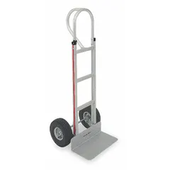 This single-loop hand truck features a silver aluminum frame and flat-free rubber tires, providing corrosion resistance and maintenance-free operation. Suitable for moving loads up to 500 lb in industrial, warehouse, and commercial environments where exposure to moisture or corrosive substances is a concern.