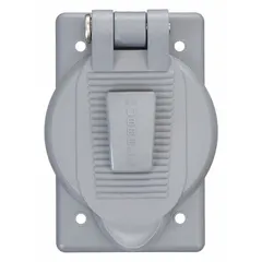 Gray thermoplastic polyester weatherproof cover for single-gang vertical mounting. Compatible with small flanged devices. Used to protect electrical outlets and devices in outdoor or damp locations.
