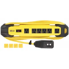 This 9-foot plug-in GFCI cord provides ground fault protection for connected equipment. It features a 5-15P plug and a 5-15R receptacle, rated for 120V AC and 15A. The 14/3 SJT cable in black and yellow is suitable for use with power tools and temporary lighting in construction and maintenance applications.