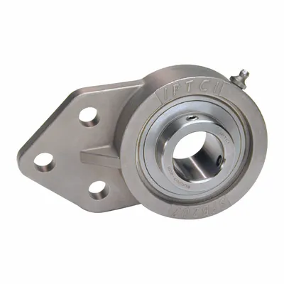 IPTCI BEARINGS Flange Mount Bearings: Radial Ball, 25 mm Bore, SS, Set Screws, 70 mm Lg - Food-Grade Flange-Mount Ball Bearings