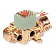 This 4-way/2-position configurable solenoid valve features a brass body and an explosion-proof/watertight coil enclosure. It operates on 24V DC with a 1/4 in pipe size. Suitable for controlling flow direction in pneumatic or hydraulic systems, including actuating double-acting cylinders or process valves in hazardous environments.