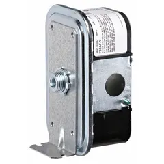 Auto-reset adjustable air pressure switch with SPDT contacts and integral compression fittings. Set-point range 0.05 in wc to 5 in wc. Housed in a conduit box enclosure. Used in HVAC and air-handling systems for sensing positive or negative air pressure to control fans, filters, or dampers.