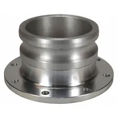Aluminum cam and groove flange fitting with 6 in coupling size, rated for 75 psi maximum working pressure at 70°F. Overall length 3 3/4 in. Used in industrial fluid transfer systems for quick, tool-free connections between hoses or pipes.