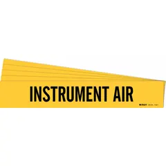 Yellow adhesive pipe marker with black legend reading 'Instrument Air'. Fits pipe outer diameters from 2-1/2 to 7-7/8 inches. Sold in a 5-pack without arrows. Used to identify pipes carrying instrument air in industrial piping systems.