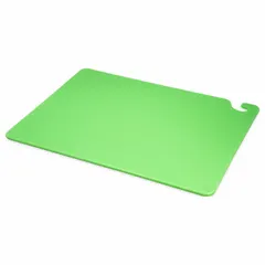 This SAN JAMAR cutting board is made of co-polymer material in green color, measuring 18 inches in width and 24 inches in length. It is NSF Certified for sanitation compliance. Suitable for food preparation tasks such as chopping, slicing, and carrying ingredients in commercial kitchens and food service operations.