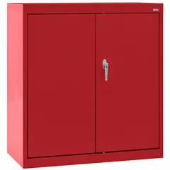 Stationary welded steel cabinet with red powder-coated finish, 24 ga panel thickness, and frame base. Includes two adjustable shelves and a swing handle with keyed lock. Suitable for storage of tools, parts, or supplies in workshops, warehouses, and maintenance areas.