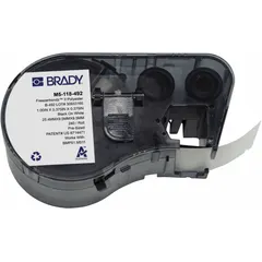 This thermal transfer precut label roll cartridge produces rectangle labels measuring 3/8 in x 1 in, printed black on white on cryogenic polyester. Designed for 0.5 mL vials or tubes, it is compatible with the M511 printer series. The material withstands extreme cold, suitable for labeling in laboratory and industrial environments.