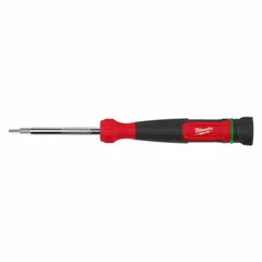 This security multi-bit screwdriver includes two double-sided Torx bits, providing four tip sizes: T7, T8, T10, and T15. Overall length is 5-3/4 inches. Suitable for driving and removing Torx fasteners, including security types, in applications such as electronics repair, appliance maintenance, and industrial assembly.