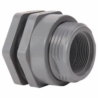 This CPVC through-wall fitting features a 1/2 in female NPT threaded inside connection and an EPDM gasket. It is used for mounting through tank walls to create a leak-resistant seal for fluid transfer in plumbing and chemical handling systems