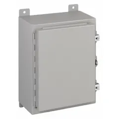 This WIEGMANN steel enclosure measures 24 x 20 x 8 inches and is rated NEMA 12/13 for protection against dust, dirt, oil, and non-corrosive coolants. It features a solid hinged cover with clamp closure and no knockouts. Suitable for indoor use in industrial environments to house electrical controls and components.
