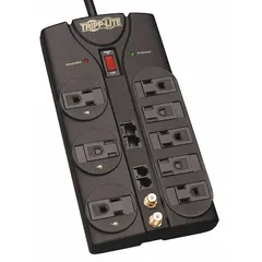 General purpose surge protector with 8 outlets, 10 ft cord, 3240 J energy absorption, and 15 A current rating. UL 1363 listed with keyhole mounting for wall or rack installation. Suitable for powering and protecting electronics in office, data center, or industrial environments.