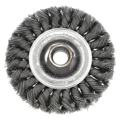This heavy-cleaning brush is designed for contoured carbon steel surfaces. It features a 4" diameter, 1/2" width, 5/8"-11 arbor, and 0.014" twisted steel fill. Typical applications include removing rust, scale, and weld splatter in industrial maintenance and fabrication tasks.