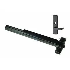 This VON DUPRIN rim-type exit device features a touchbar style and lever outside trim, finished in bronze. Designed for doors up to 4 ft wide, it is ADA compliant for accessible egress in commercial buildings such as offices, schools, and retail spaces.