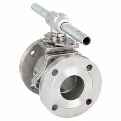 This SHARPE manual two-way ball valve features a 316 stainless steel straight valve body with Class 150 flange connections. It includes a locking lever handle for secure operation and a polymer seat material. Suitable for on/off flow control in industrial piping systems handling liquids, gases, or slurries.