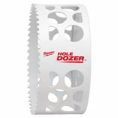This 4-inch diameter hole saw cuts through wood, metal, and plastic. It has 3.5 teeth per inch for balanced speed and finish, a 5/8"-18 thread for arbor attachment, and a maximum cutting depth of 1 5/8 inches. Suitable for creating clean holes in multi-material applications.