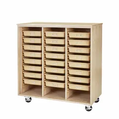 Mobile cabinet with 24 maple drawers, overall width 4 ft, depth 22 in, height 4 1/4 ft. Suitable for organizing and storing small parts, tools, or supplies in industrial, educational, or commercial settings. Mobile design allows easy relocation within a facility.