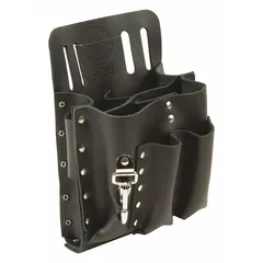 Black leather tool pouch with eight pockets and an open-top design. Attaches via belt slot for belts up to 2 inches wide. Designed for carrying pliers and similar hand tools, providing organized storage and quick access during tasks.