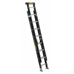 This 16 ft fiberglass extension ladder has a 300 lb load capacity and weighs 33 lb. It features two sections with a fixed fly and a black finish. The non-conductive fiberglass material is suited for tasks where electrical hazard protection is needed, such as industrial maintenance and construction.