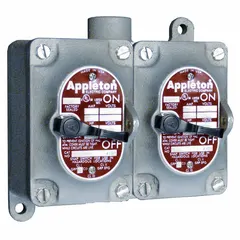 This two-gang front lever tumbler switch is a 3-way, 20 A, 277 V AC device with a dead-end hub and 3/4 in hub size. It is used in industrial lighting and control circuits where enclosed wiring and multi-gang configuration are required.