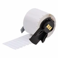Precut nylon label roll measuring 1/4 in x 1 1/2 in, supplied in Blue on White, Green on White, and Red on White color combinations. Designed for use with the M610 printer series and M7-R4300 ribbon. Suitable for industrial identification and cable marking applications.