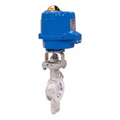 Electric butterfly valve with stainless steel disc and body, designed for on-off or modulating flow control in industrial piping systems. Operates on 100 to 240V AC power supply with manual input control signal. Features FKM seals for corrosion resistance and tight shut-off. Suitable for water treatment, HVAC, chemical processing, and similar applications.