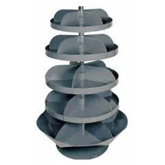 This revolving storage bin features flat-bottom shelves across 5 levels, with 5 bins on each upper level and 6 bins on the bottom level. The rotating design allows access from multiple sides, making it suitable for organizing small parts, tools, and hardware in workshops, warehouses, and maintenance areas.