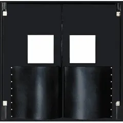 This insulated swinging door features two black polyethylene doors, each 8 ft wide by 10 ft high, with an included polycarbonate window. It meets USDA standards and comes with door seals, bumpers, and mounting hardware. Suitable for temperature-controlled environments requiring washdown and sanitation.