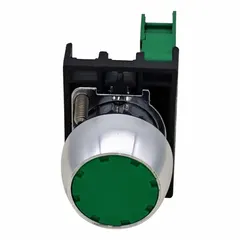 This flush-mount push button features a metallic construction and momentary action. Designed for 22 mm panel openings, it provides a 1NO contact configuration. Suitable for industrial control panels where a low-profile operator is required to minimize accidental actuation.
