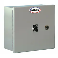 Steel NEMA 1 enclosure motor control panel for air curtain applications. Rated 208/230/460V AC three-phase, 6.6 A. Dimensions 6 3/8 in x 10 3/8 in x 10 3/8 in. Used to control power and operation of air curtain units in building entrances, loading docks, and industrial doorways.