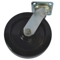 This replacement caster is designed for platform trucks, featuring a black phenolic wheel and steel frame. It measures 9 7/8 inches overall length by 8 inches overall width. Suitable for material handling applications requiring maneuverability.