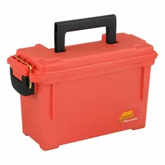 This plastic tool box features a single compartment for storing small tools, parts, or accessories. The orange exterior provides visibility on job sites or in workshops. A built-in padlock offers basic security for the contents. Dimensions: 11-5/8 in width, 5 in depth, 7-1/8 in height.
