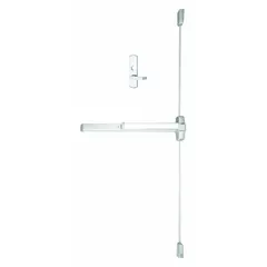 This surface-mounted vertical rod exit device is constructed of aluminum and features a touchbar with lever trim. It is designed for doors up to 3 ft wide and is configured for right-hand reverse swing. Typical applications include commercial and institutional buildings requiring code-compliant egress actuation.