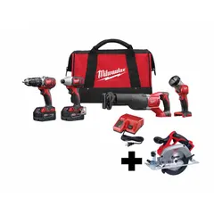 This 18V DC M18 cordless combination kit includes five tools and batteries, providing portable power for cutting, drilling, and fastening on job sites without mains electricity. The kit features a circular saw and is suitable for construction, renovation, and maintenance tasks.
