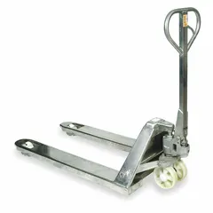 This corrosion-resistant pallet jack is constructed with stainless steel for use in wet, washdown, or corrosive environments. It features a standard fork design with 48 in length and 27 in overall width, and a 14 in width between forks. Suitable for moving palletized loads in food processing, pharmaceutical, and chemical plants where standard jacks would rust.