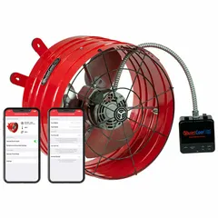 Gable-mount attic exhaust fan with a permanent split capacitor motor, rated at 120V AC and 2.1/1.43 A. Delivers maximum exhaust airflow of 2,860 cfm, covering attics up to 4,000 sq ft. Includes Smart Control Hub, temperature control, and fire safety shutoff. Suitable for high-static-pressure applications in residential and light commercial buildings.