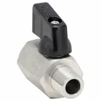 This manual two-way ball valve features a 316 stainless steel one-piece body and a wedge handle. It is designed for on/off flow control in compact piping systems, suitable for corrosive or high-purity applications such as chemical processing, instrumentation, and hydraulic lines