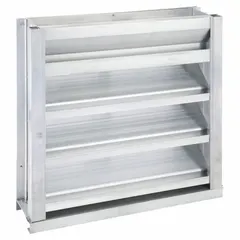 This combination damper and louver features drainable blades and a hat channel design, constructed from aluminum. It measures 17 1/2 inches in height and width, with a maximum air velocity of 3,000 fpm. Suitable for wall openings requiring airflow regulation and weather protection in commercial HVAC systems.