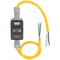 This 2 ft inline GFCI cord features a 10/3 cable with bare wire plug for direct wiring to equipment terminals. Rated 30 A at 240V AC, it provides manual-reset ground-fault protection for temporary power connections in industrial settings.