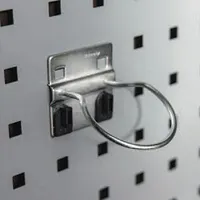 This steel ring toolholder with a zinc-plated silver finish is designed for square-hole pegboard. It features a locking clip system and two hooks with a 3-inch depth, providing secure storage for tools in workshops and garages