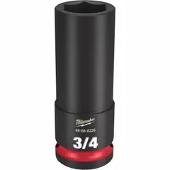 This 1/2" drive impact socket features a 3/4" SAE hex size with a 6-point deep design and friction ring retention. The black phosphate finish provides corrosion resistance. Suitable for fastening and loosening nuts and bolts with impact tools in automotive, construction, and industrial applications.