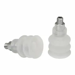 This bellows type vacuum pad assembly is designed for food-safe applications. It features 2.5 folds, an M5 vacuum port, and a 19 mm pad diameter. The clear material is rated 55 A. Suitable for automated pick-and-place handling of irregular or delicate surfaces.
