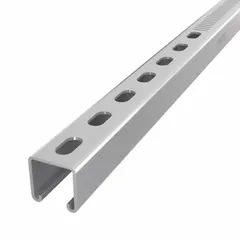 This perforated-slot strut channel is fabricated from steel with a pre-galvanized zinc finish. It features a 12 ga gauge, narrow slotted design with 8 mm slot spacing, and is used for supporting and securing mechanical, electrical, and plumbing systems in industrial and commercial construction.
