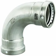 This stainless steel press elbow fitting changes direction in piping systems at a 90-degree angle. It is designed for 2 1/2 in pipe connections with press-fit ends and FKM sealing. Suitable for use in industrial plumbing, HVAC, and process piping applications requiring leak-free joints.